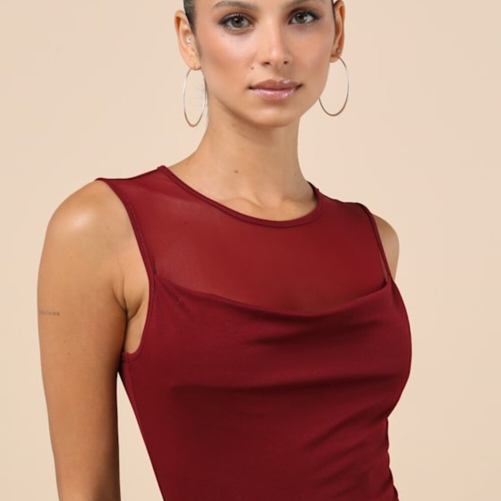 Lulus Corrine Dark Red Mesh Cowl Tank Top - Size S